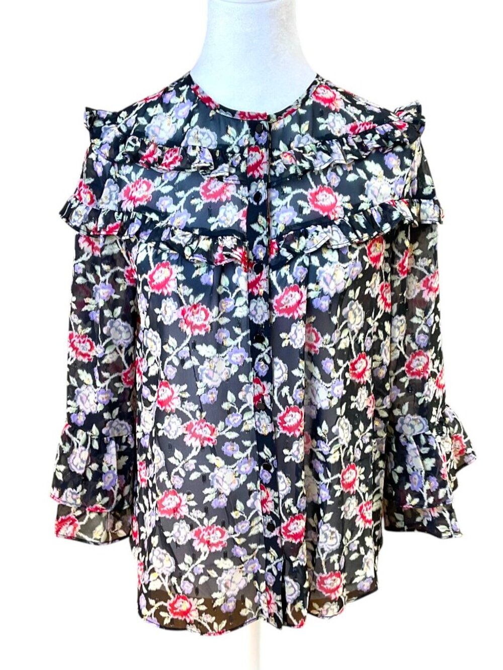 Shoshanna Top Blouse Floral Ruffles Metallic (S) NWT